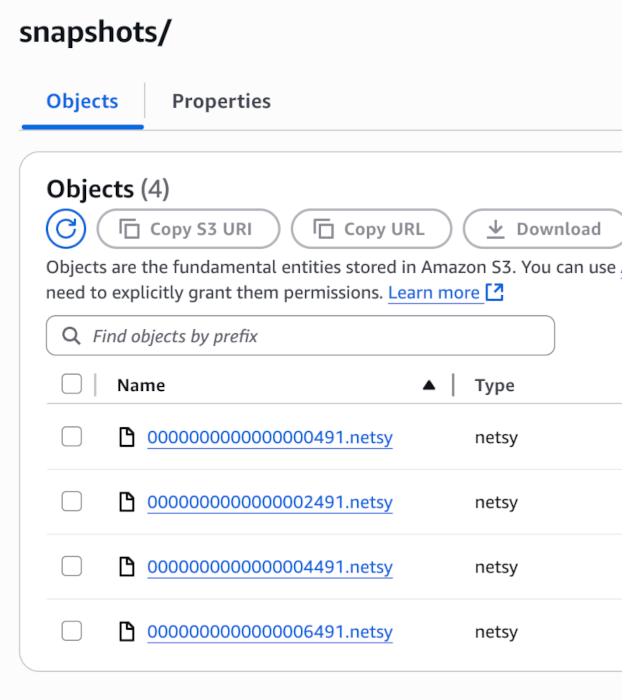 Netsy sends 'chunks' to S3 and periodically uploads snapshots